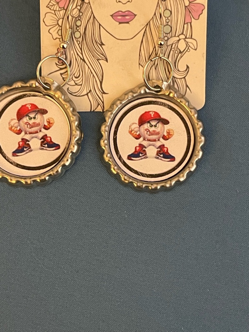 Silver Bottle Cap Earrings with Red Accent - Phillies Mascot